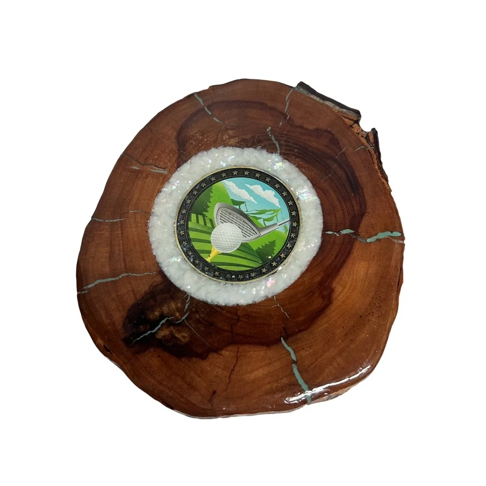 Handmade Wood Slice Golf Coaster Turquoise Inlay Resin Gloss Cork Back 4.75